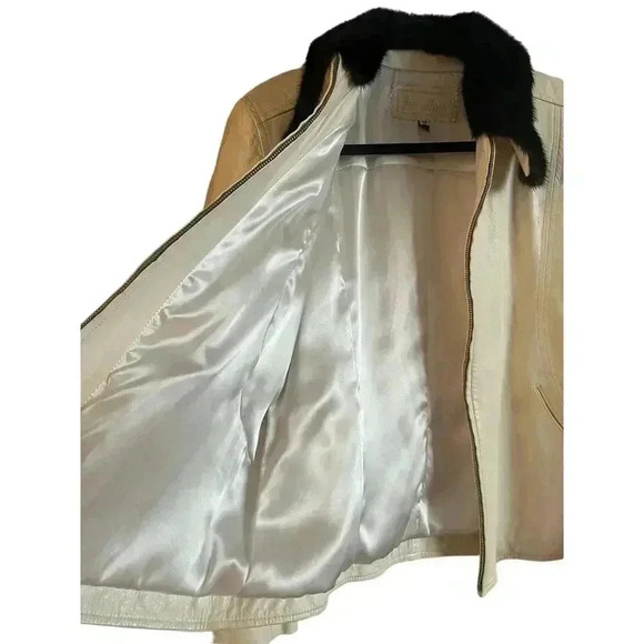 Ira Hoss Women’s 100% Leather Jacket Genuine Mink Collar Ivory Zip Up Size M - Picture 9 of 12